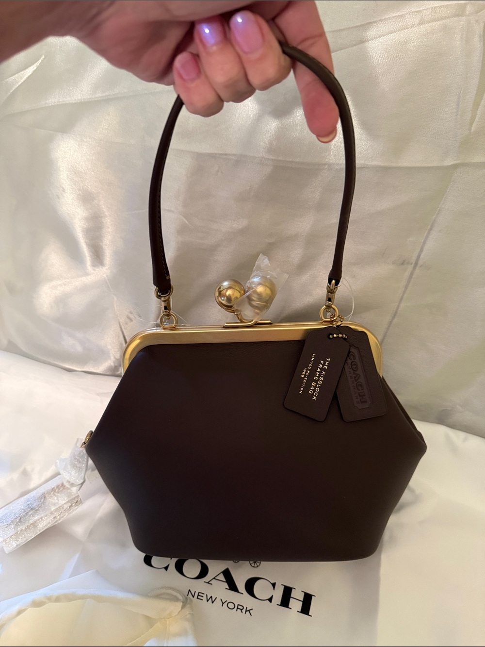 ♥️COACH NWT Maple Kiss lock 16 Leather Frame Top-Handle Bag with Brass Hardware - Picture 6 of 7